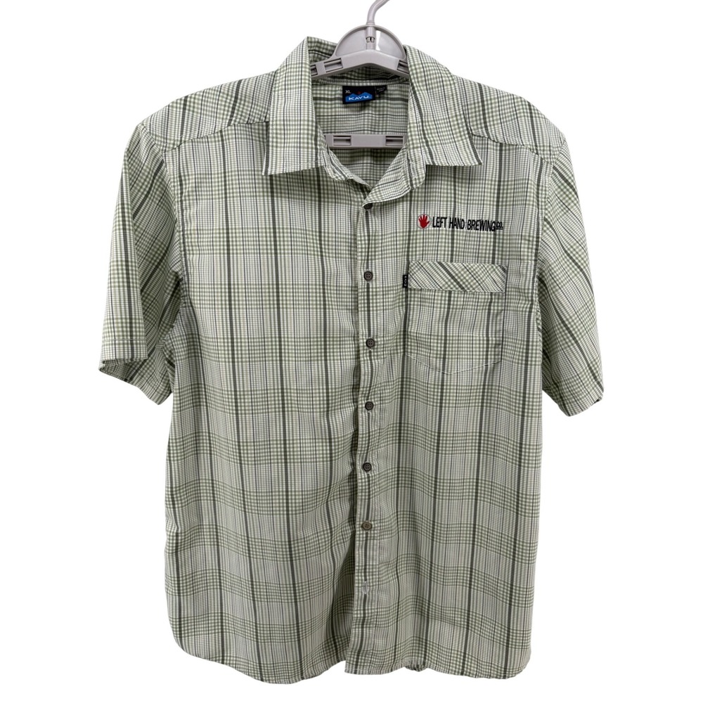 KAVU Mens XL Green Plaid Short Sleeve Shirt Left Hand Brewing Co Embroidered